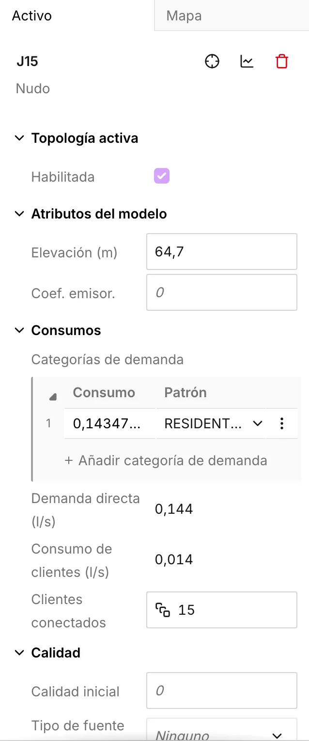 The asset panel with the interface in Español, its headings and field labels translated and the asset label unchanged