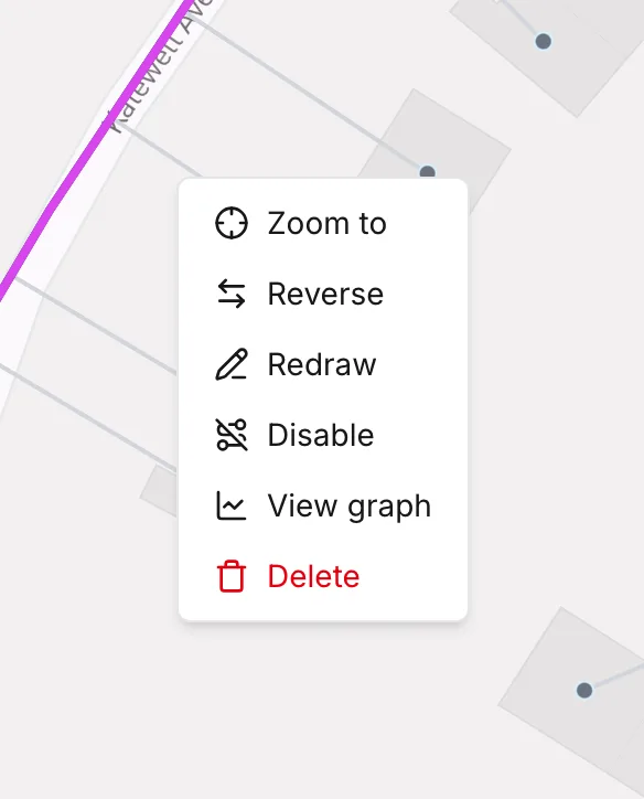 The right-click menu on a selected pipe, carrying the same actions