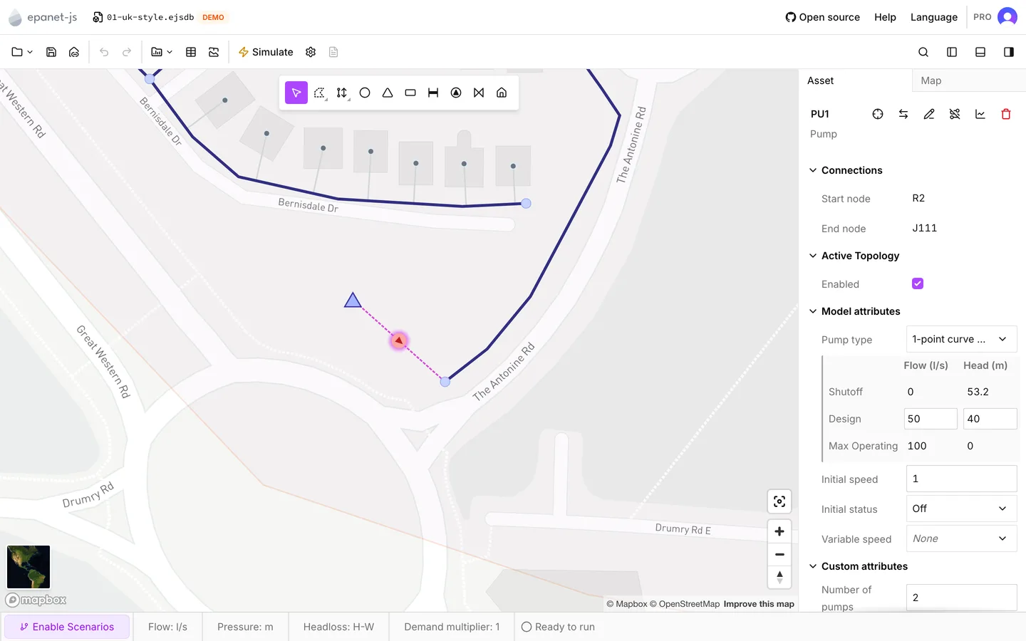 The Asset tab with a pump selected