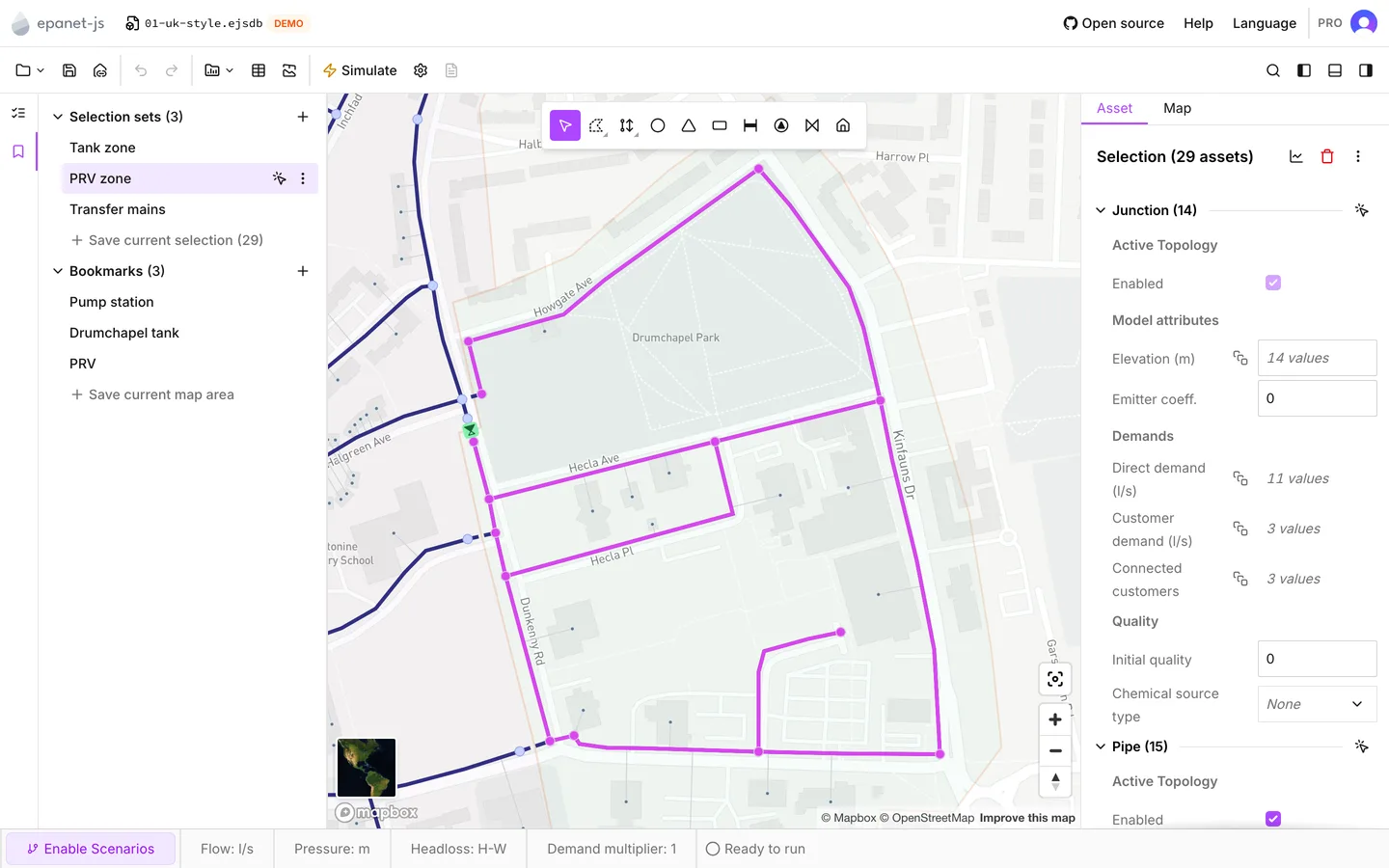 The PRV zone set clicked: its assets selected on the map and its row selected in the panel