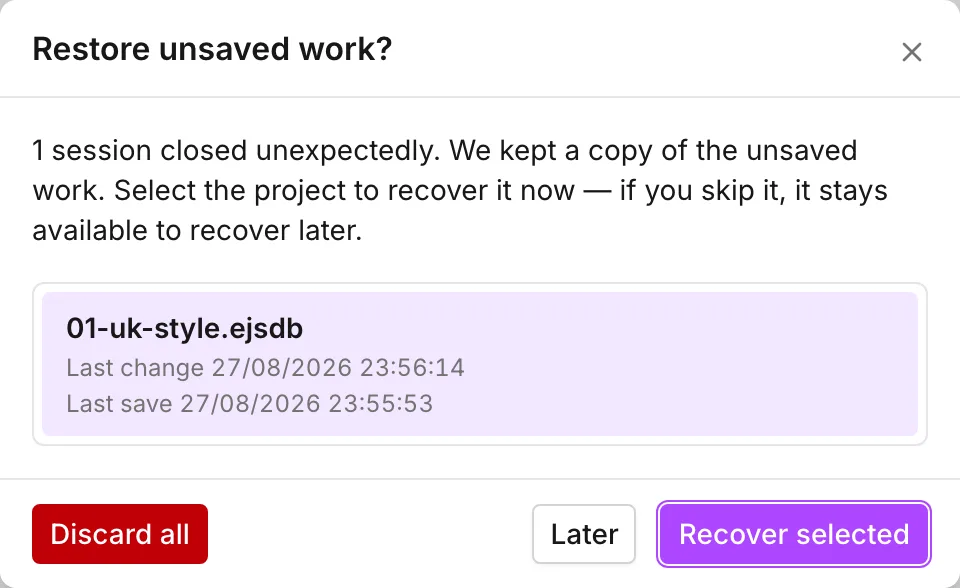 The Restore unsaved work? dialog with one recoverable session, its last change and its last save
