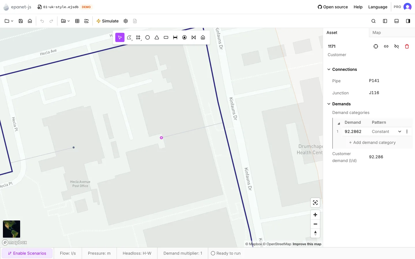 The Asset tab with a customer point selected