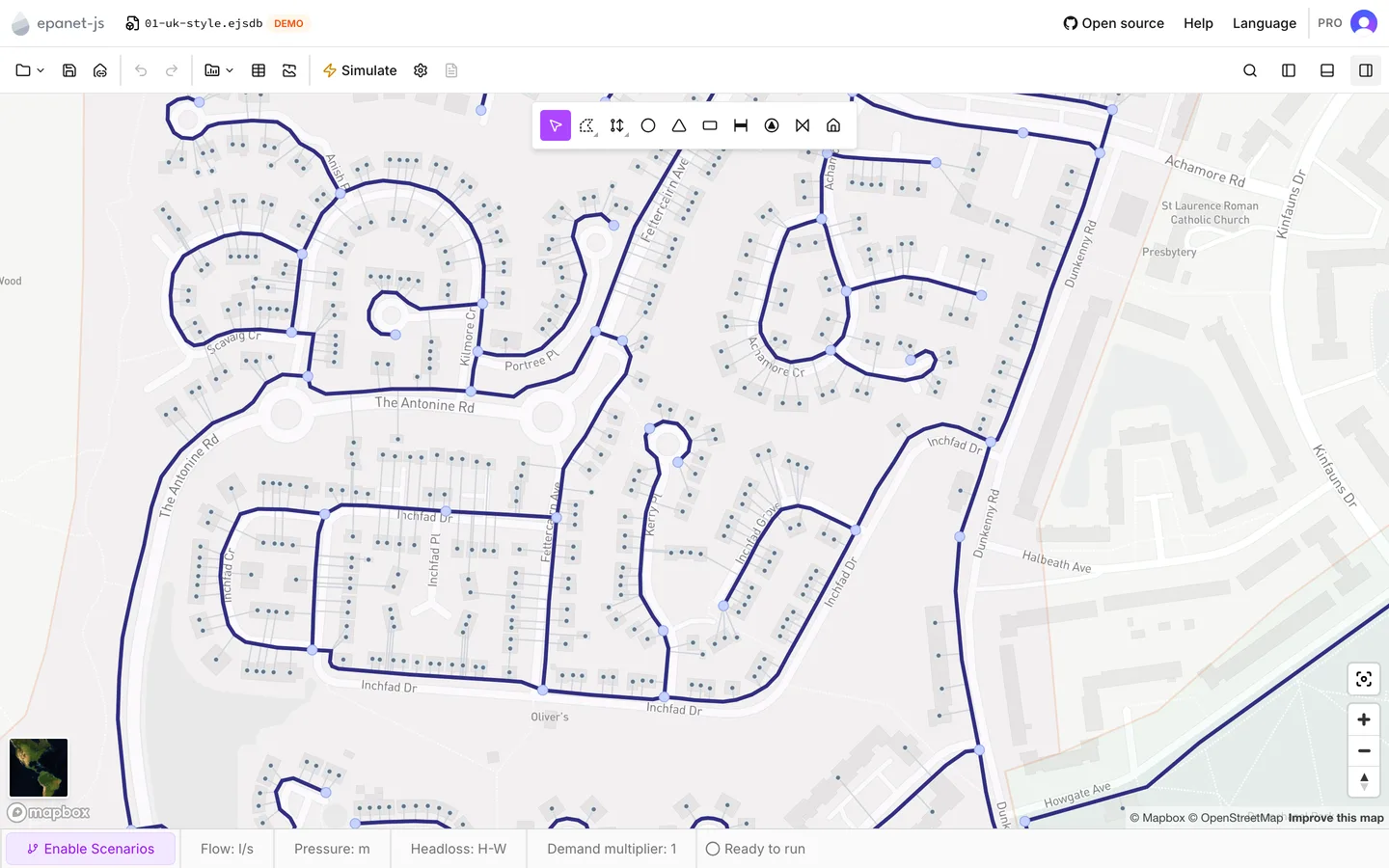 Customer points drawn across a network, each connected to a main