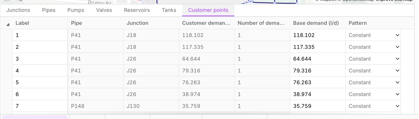 The Customer points tab, with the pipe and junction each point is allocated to