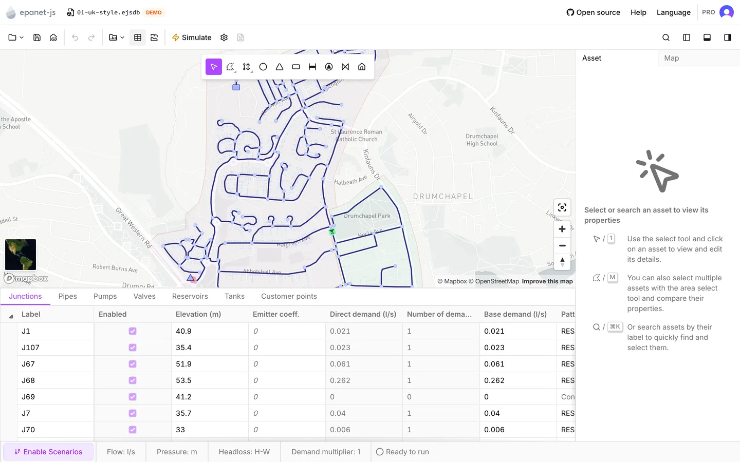 The data tables open on the Junctions tab