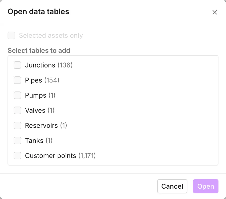 The Open data tables dialog as it opens, with the seven tables and their row counts and nothing ticked yet