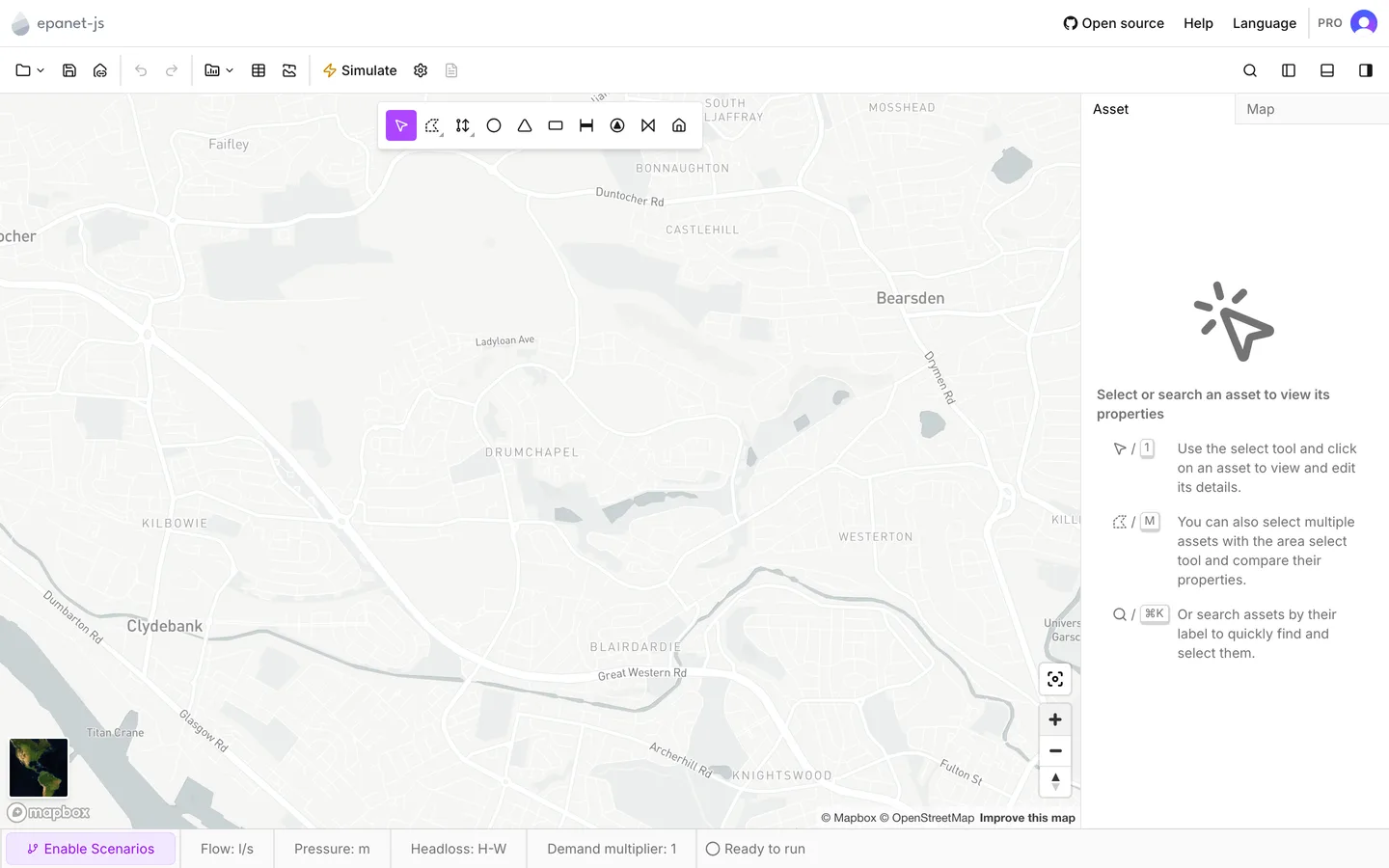 A blank project over Drumchapel, with the map toolbar