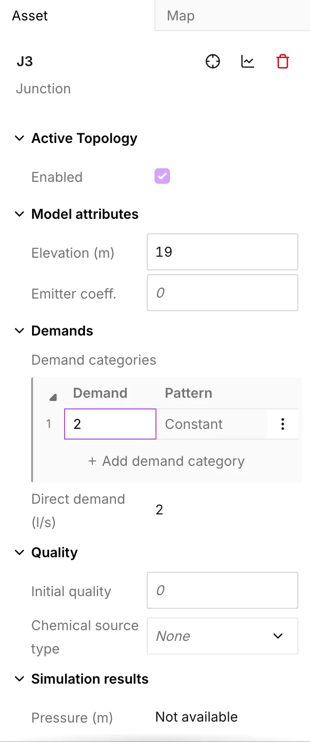 The Demands section with a direct demand entered on a junction