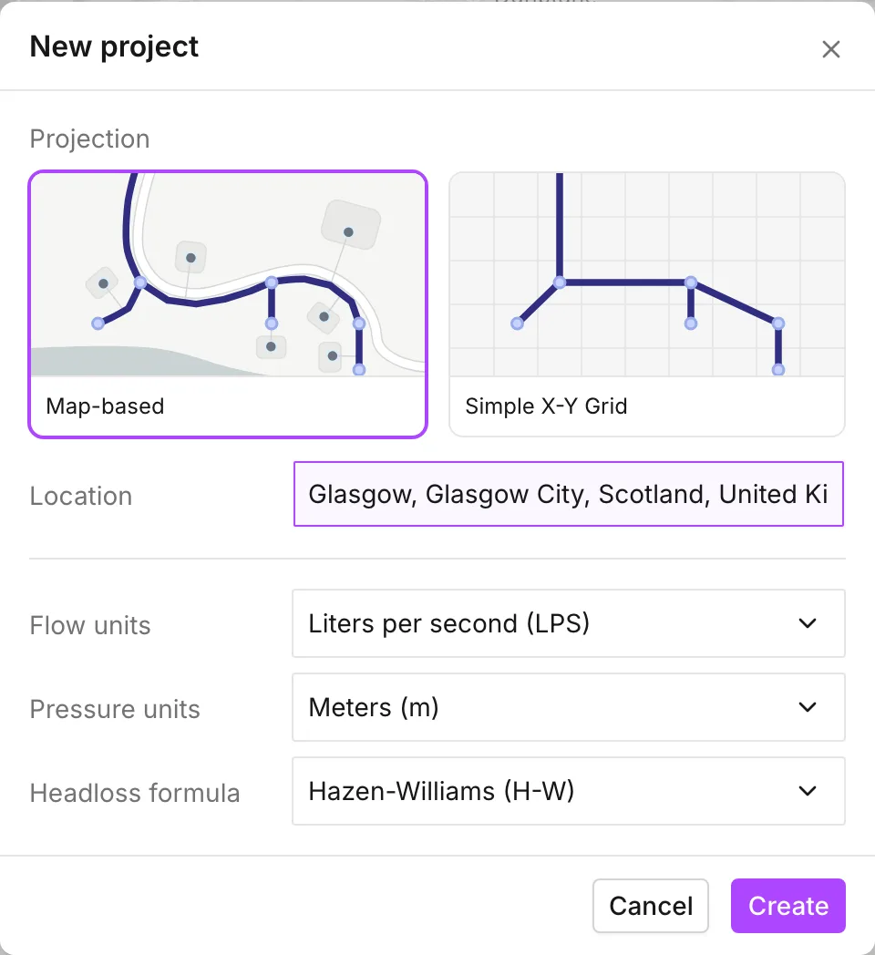 The New project dialog, on Map-based with a location searched