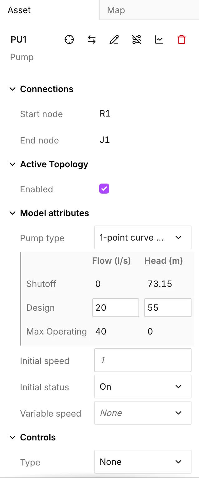 A newly drawn pump, with a design point typed into the Design row