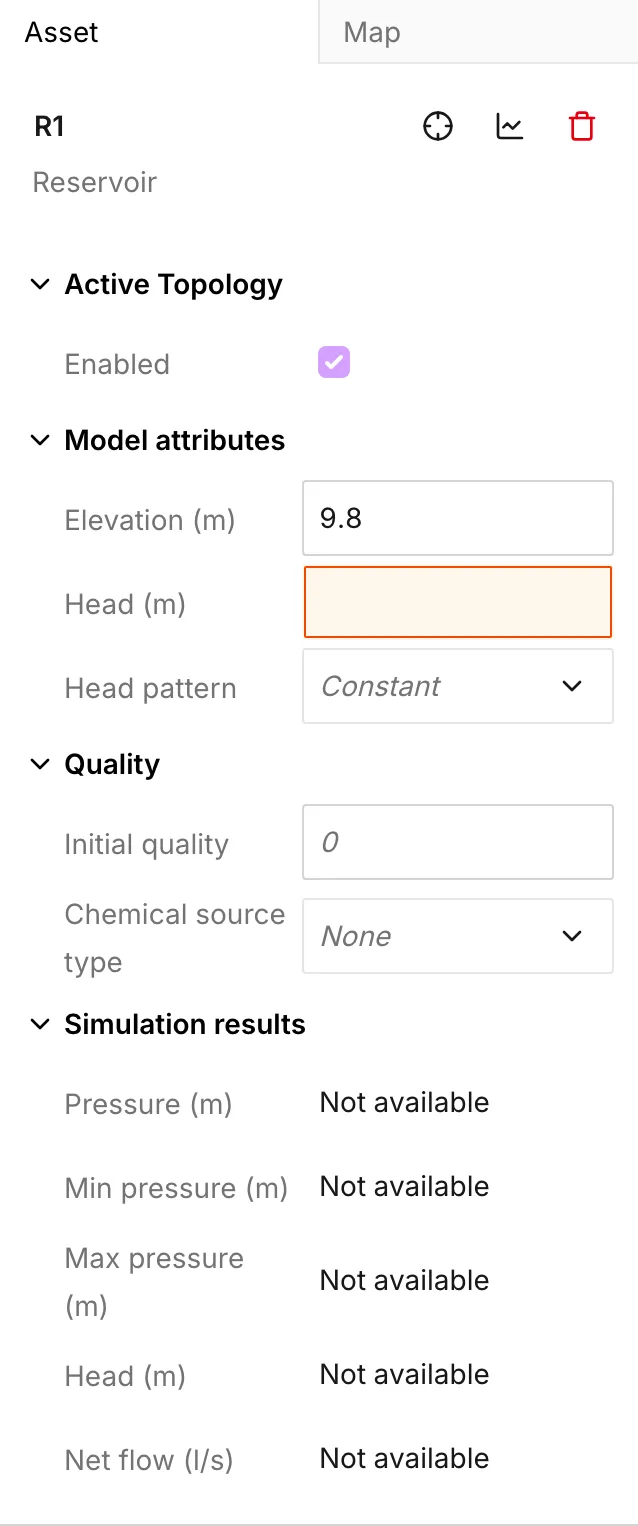 The Asset tab on a newly placed reservoir, with Head empty