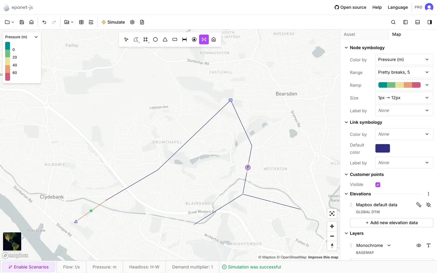 The drawn network after a run, colored by pressure