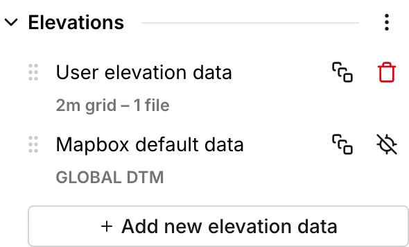 The Elevations section with a User elevation data source above the Mapbox one