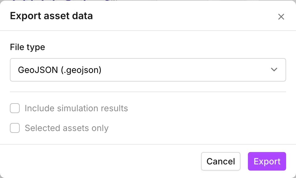 The Export asset data dialog