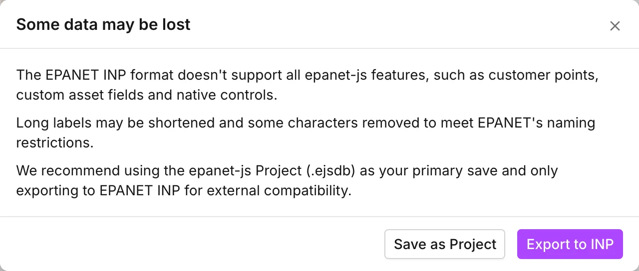 The Some data may be lost dialog, with Save as Project beside Export to INP