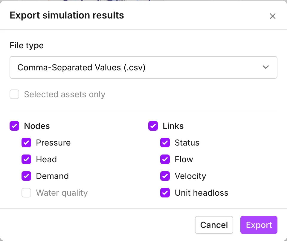 The Export simulation results dialog