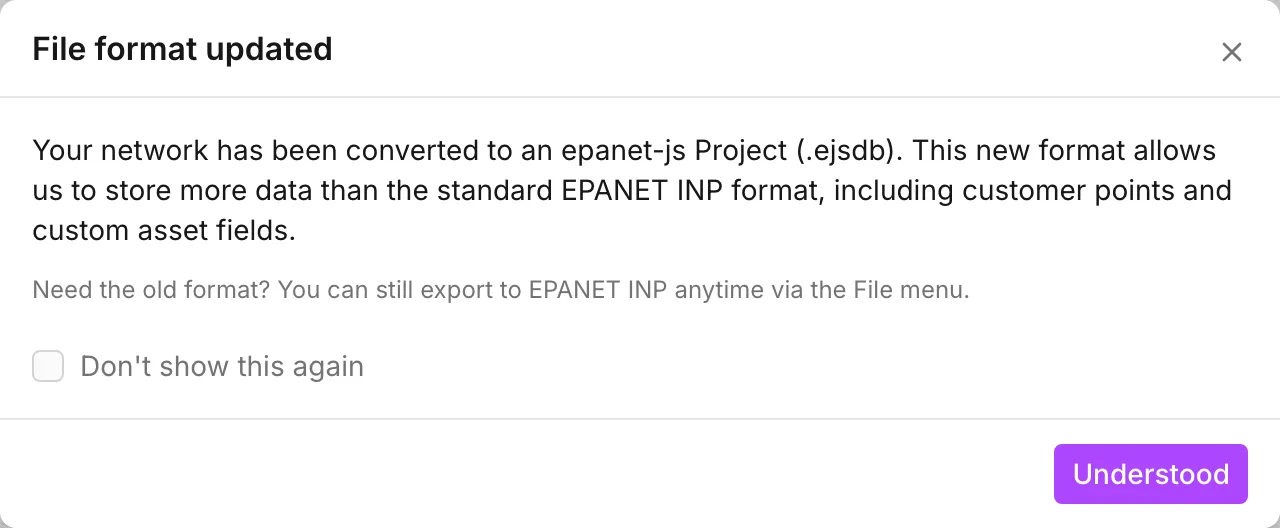 The File format updated notice, explaining that the network is now an epanet-js project