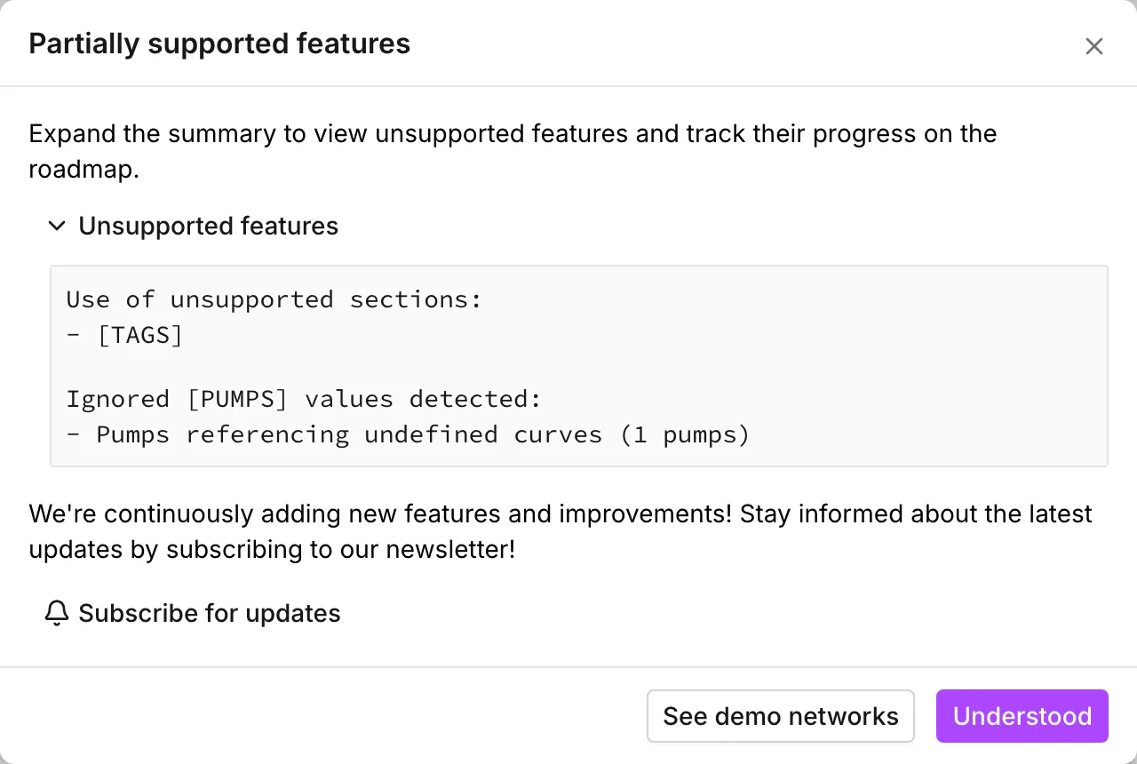 The Partially supported features dialog, expanded to show a TAGS section the parser does not read and a pump referencing a curve the file never defines