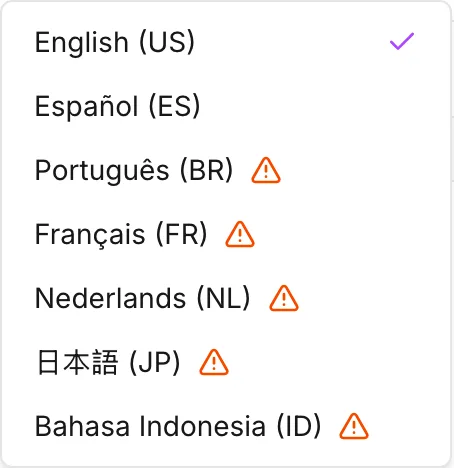 The Language menu with all seven entries