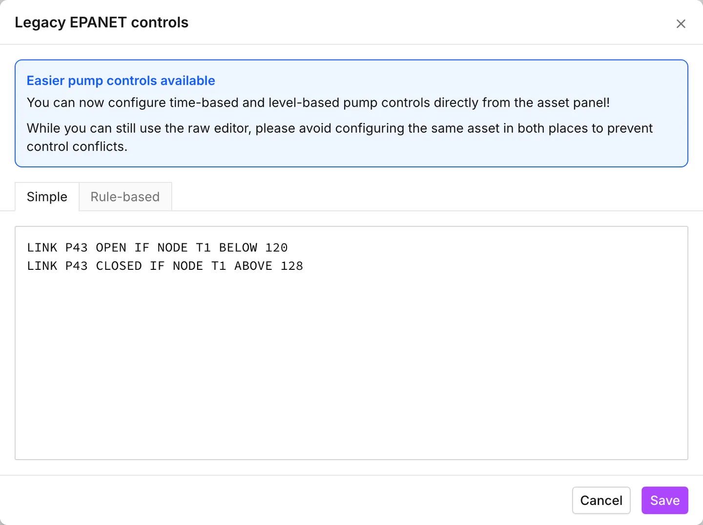 The Legacy EPANET controls dialog on the Simple tab