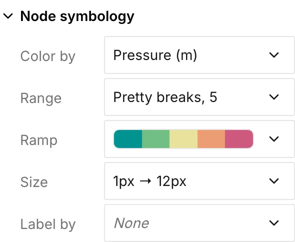 The Node symbology section with Color by set to Pressure