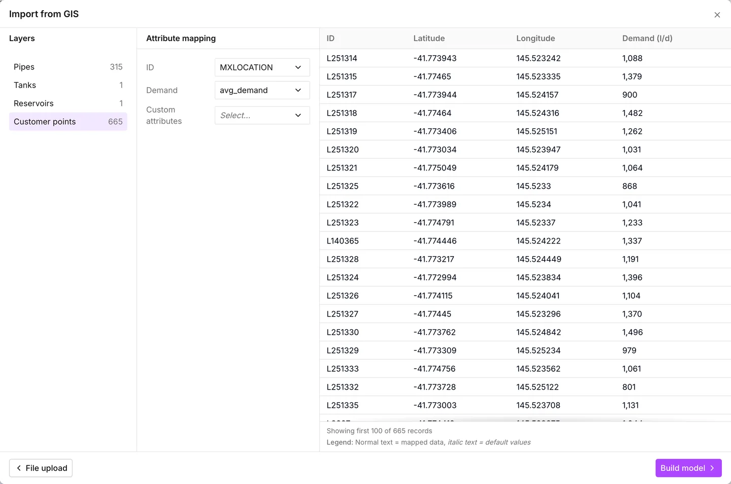 The Customer points layer, with ID and Demand mapped and the preview naming the demand unit