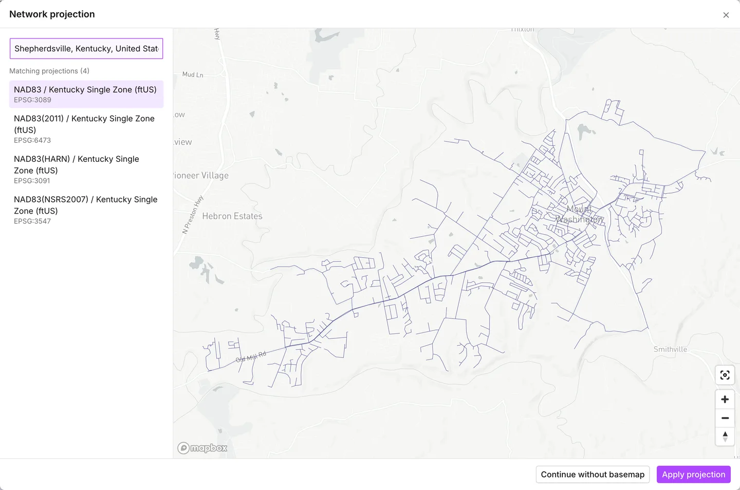 The Network projection dialog, with a Kentucky system selected and the network previewed over the streets it serves