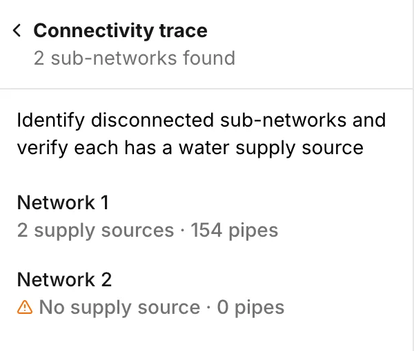 Connectivity trace on a model that traces into two: the main network with two supply sources and 154 pipes, and a stray with no supply source and no pipe of its own