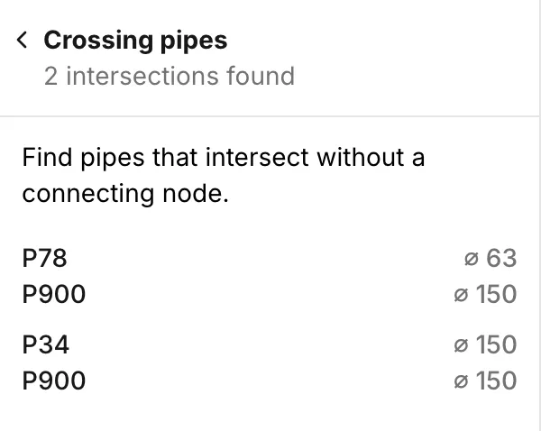 Crossing pipes reporting two intersections, each row naming both pipes with their diameters beside them