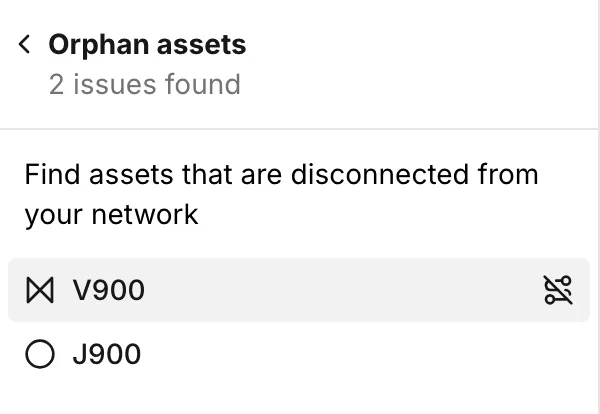 Orphan assets reporting two findings: a valve V900 and a junction J900, each with its type icon
