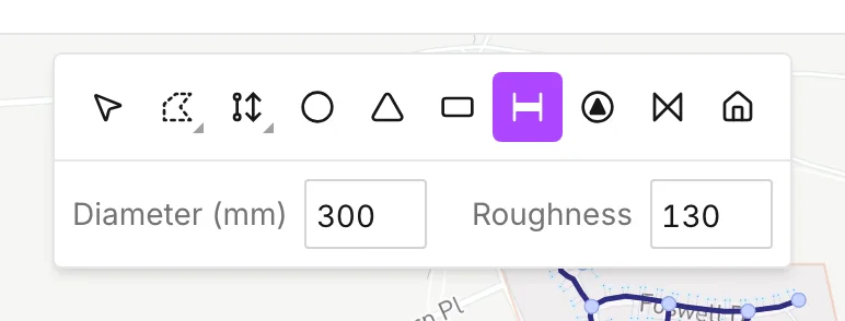 The map toolbar with the Pipe tool active and its defaults strip