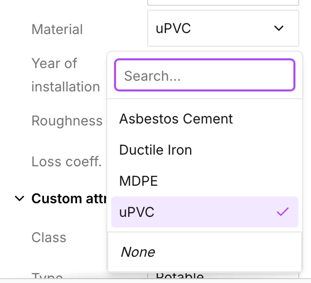 The Material list open on a pipe, showing the project’s pipe library
