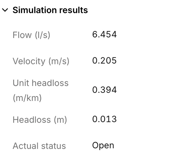 A pipe’s Simulation results section after a run