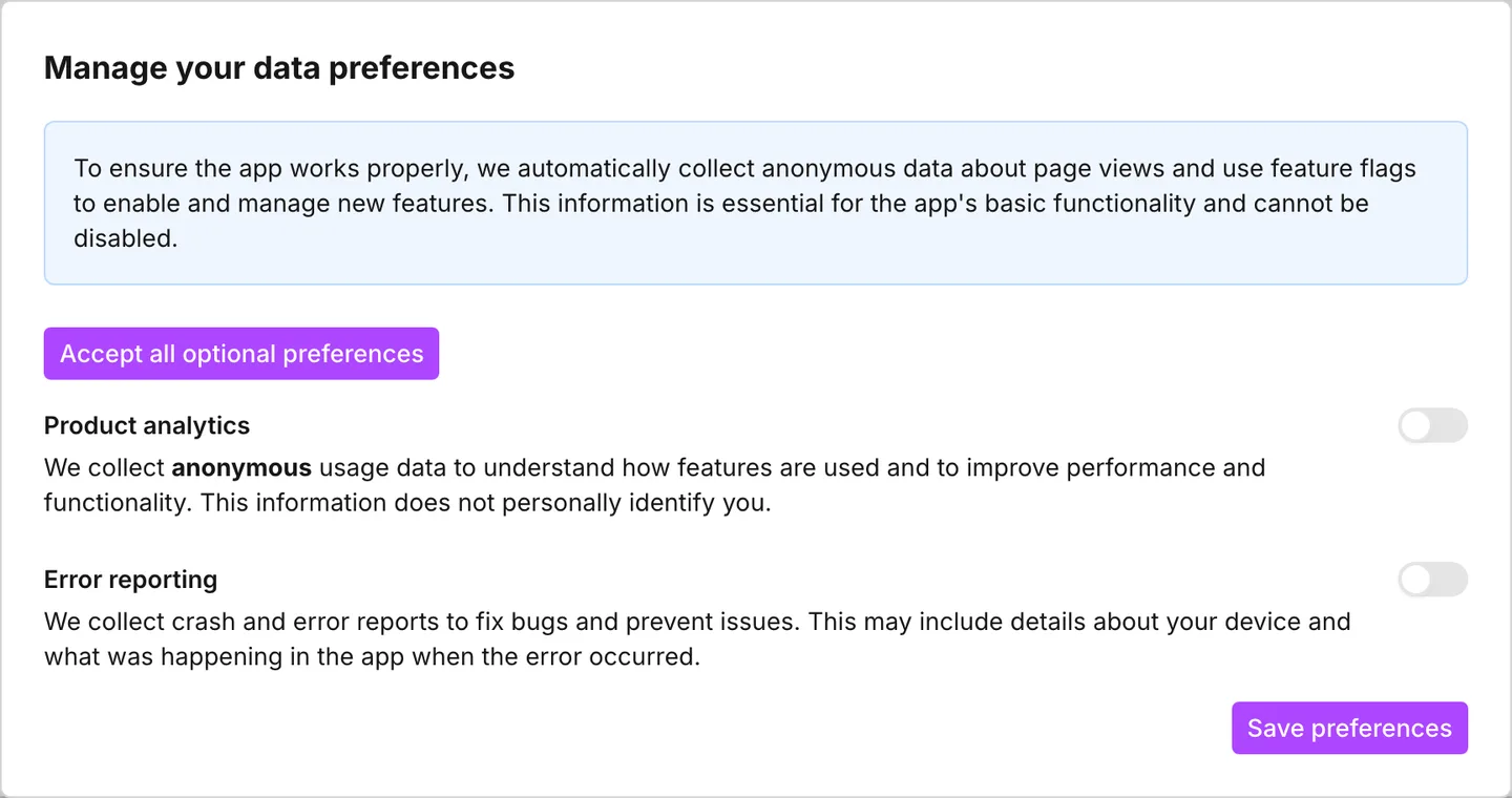 Manage your data preferences, with the Product analytics and Error reporting switches
