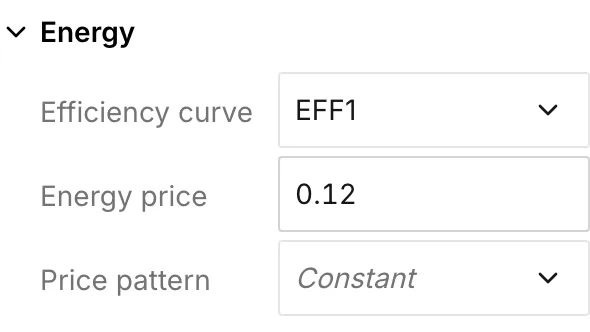 A pump’s Energy section with its own efficiency curve and price set