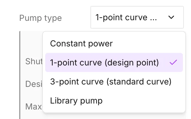 The Pump type list open, showing the four types