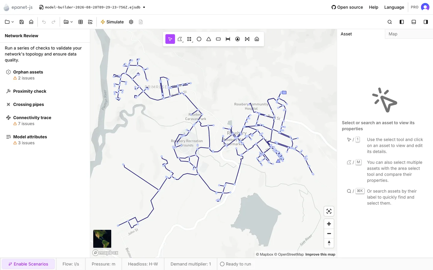 The built Rosebery network, with Network Review open beside it