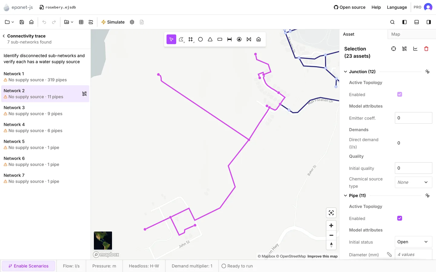 A disconnected sub-network selected and zoomed to on the map