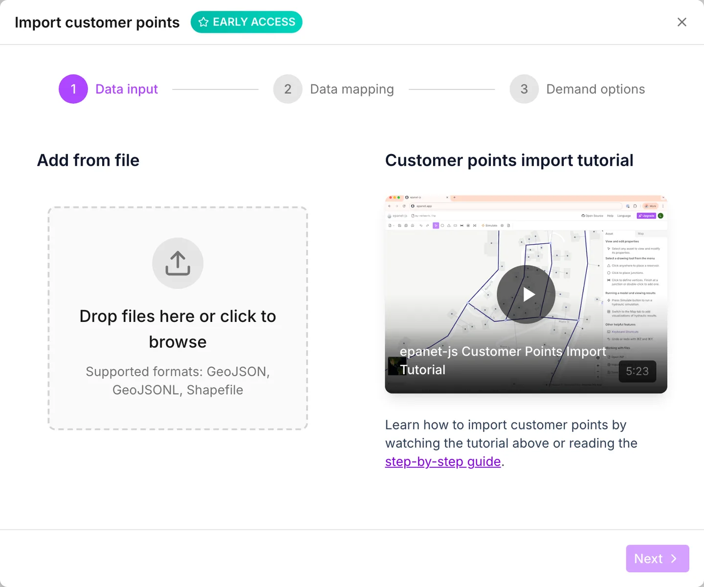 The Data input step of the customer point wizard
