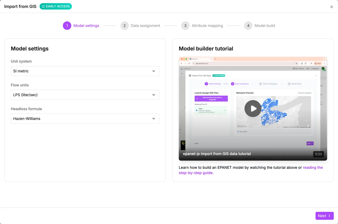 Model settings in the model builder, set to SI metric
