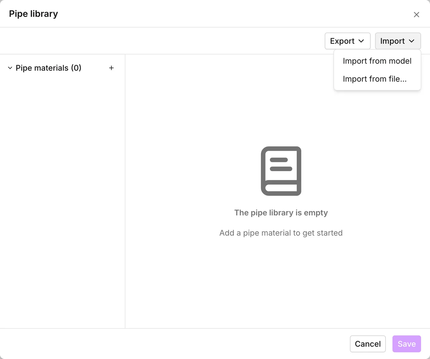 The pipe library’s Import menu, with Import from model