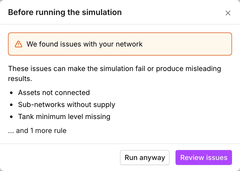 The dialog listing the checks that failed, offering Review issues and Run anyway