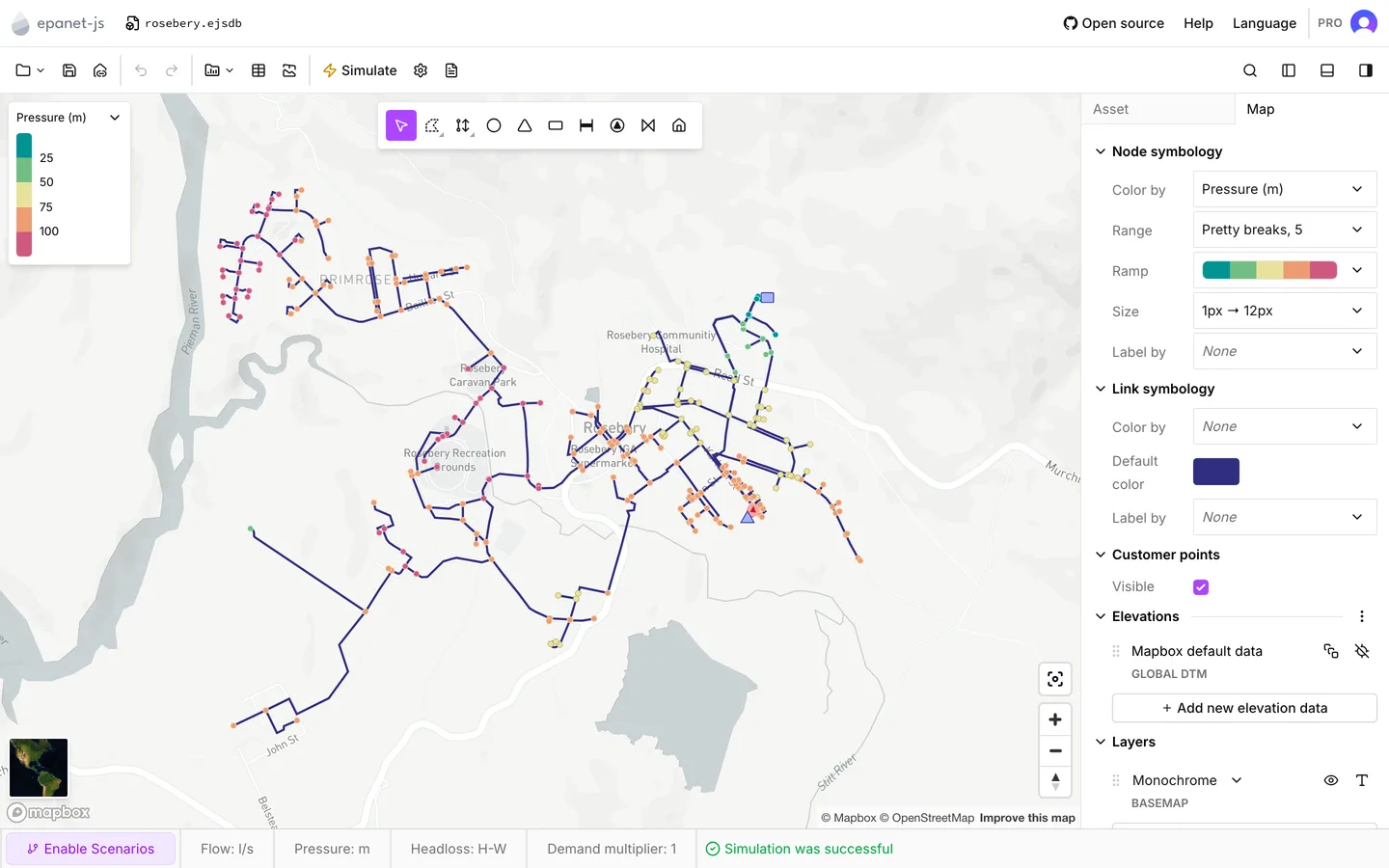 Pressures across the network with no demand on it