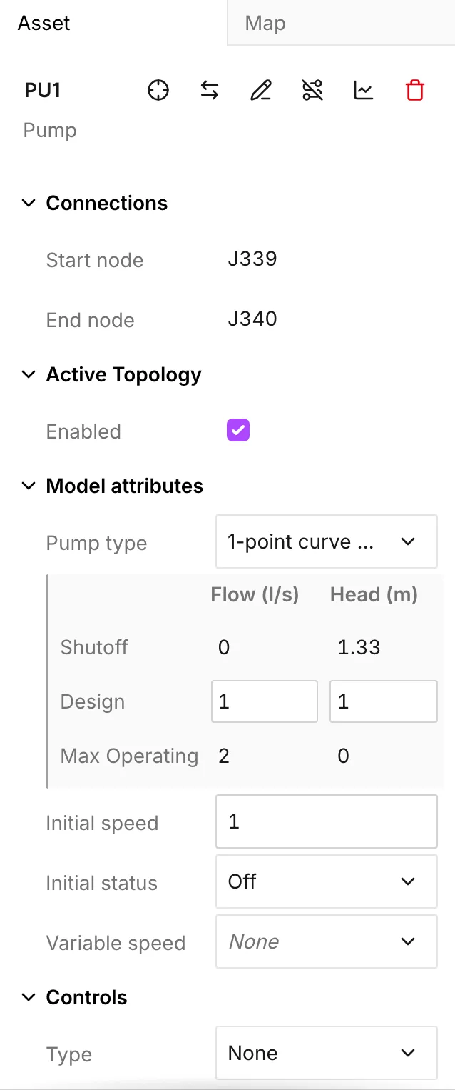 The pump panel with a placeholder design point and Initial status off