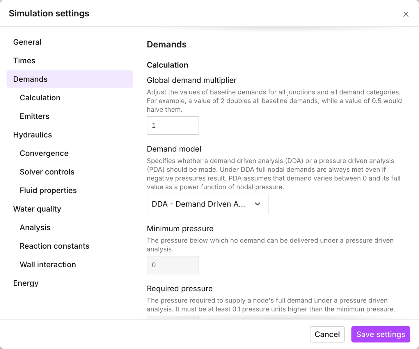The Demands section of Simulation settings, with the pressure-driven rows grayed under demand driven analysis