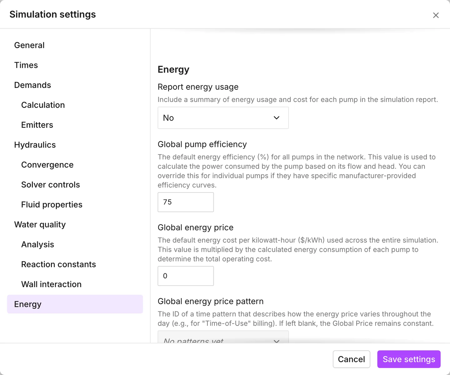 The Energy section of Simulation settings, holding the project-wide defaults