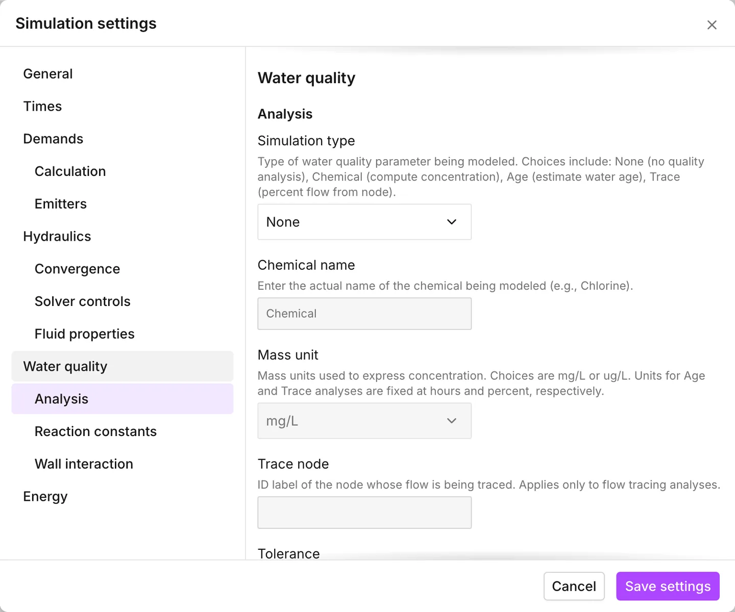 The Water quality section with no analysis chosen