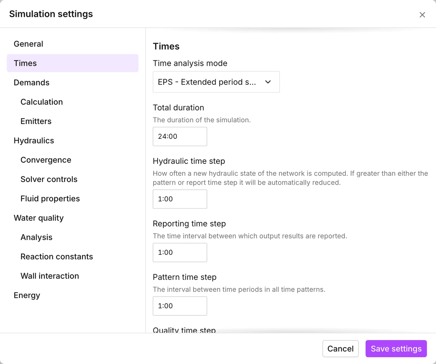The Times section of Simulation settings, set to an extended period run