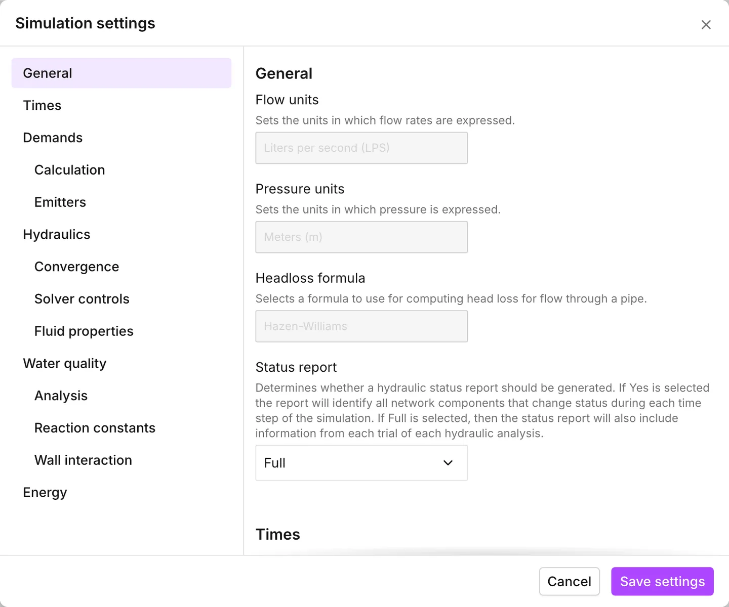 The Simulation settings dialog, open on the General section