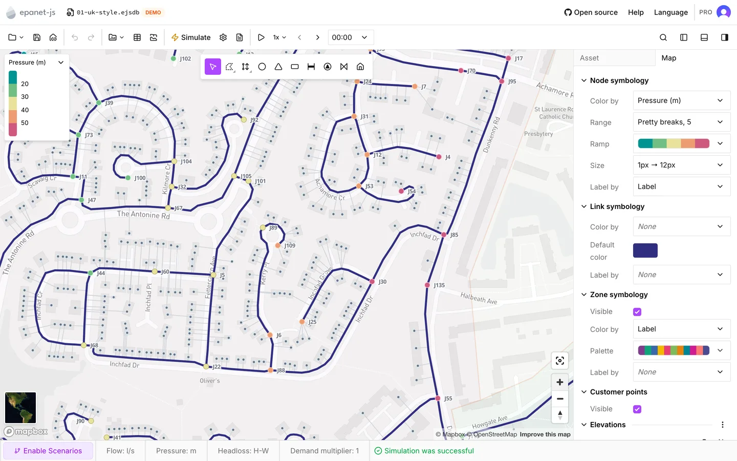 Drumchapel colored by pressure and labeled by asset id